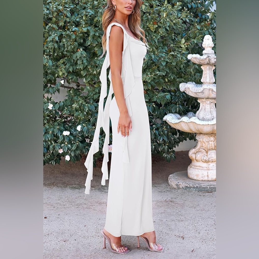 White Ruffle Sleeveless Formal Maxi Bodycon Dress Bridal Event Medium